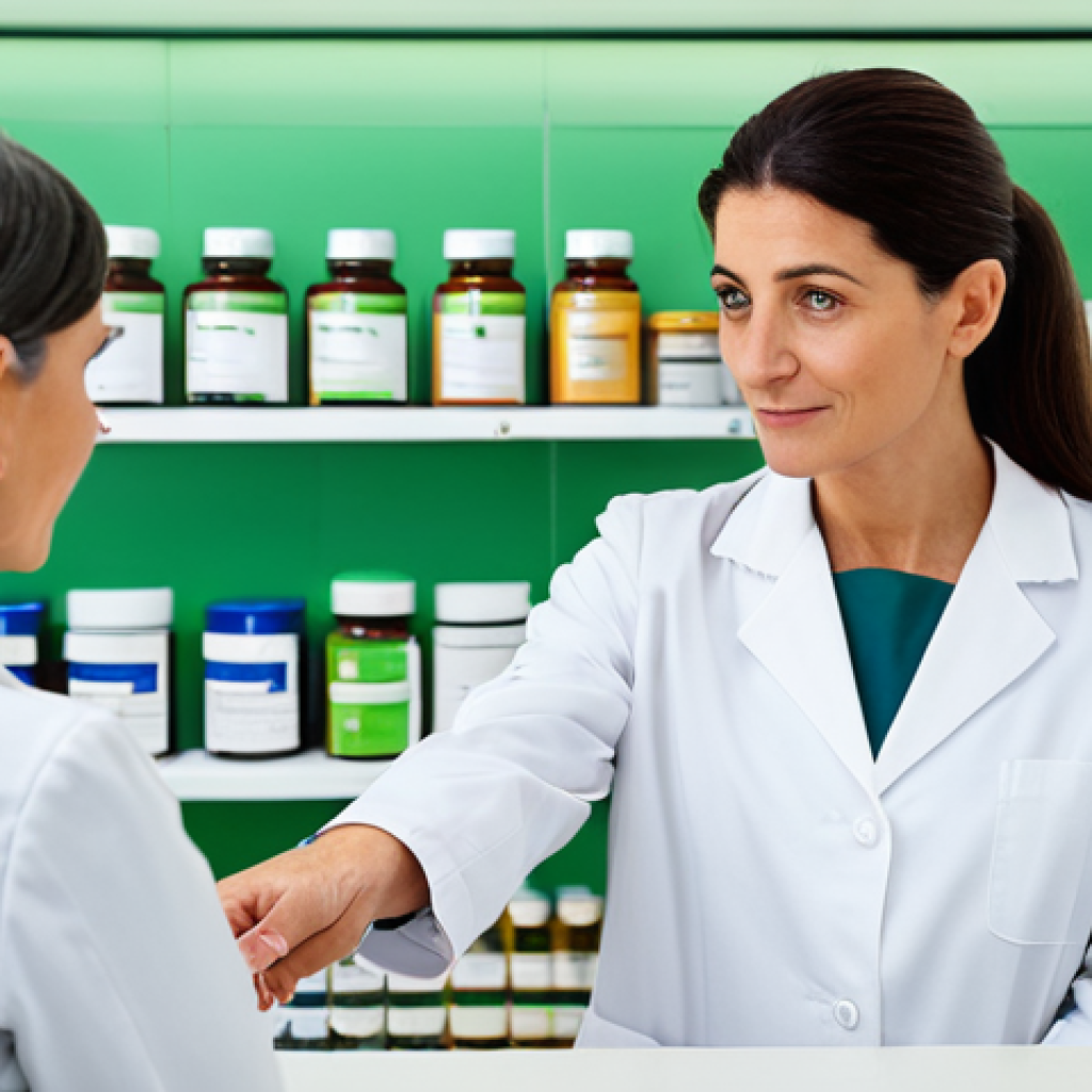 A professional female Italian pharmacist, in a clean white lab coat over modest business attire, stands behind a polished counter in a brightly lit traditional Italian farmacia. She is attentively listening to a mature adult female customer, who is respectfully dressed in appropriate casual wear, engaging in conversation. Neatly organized shelves filled with various pharmaceutical products are visible in the background. The scene is calm and professional, with a subtle hint of a green pharmacy cross sign. safe for work, appropriate content, fully clothed, professional, modest, perfect anatomy, correct proportions, natural pose, well-formed hands, proper finger count, natural body proportions, high-quality photography.