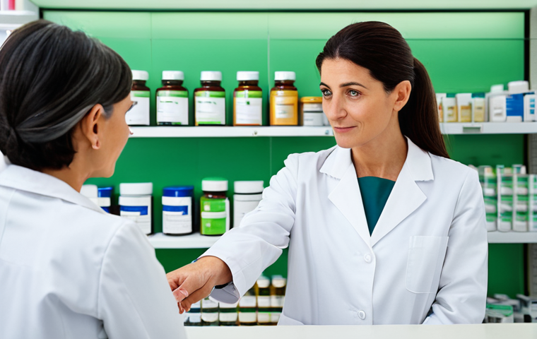 A professional female Italian pharmacist, in a clean white lab coat over modest business attire, stands behind a polished counter in a brightly lit traditional Italian farmacia. She is attentively listening to a mature adult female customer, who is respectfully dressed in appropriate casual wear, engaging in conversation. Neatly organized shelves filled with various pharmaceutical products are visible in the background. The scene is calm and professional, with a subtle hint of a green pharmacy cross sign. safe for work, appropriate content, fully clothed, professional, modest, perfect anatomy, correct proportions, natural pose, well-formed hands, proper finger count, natural body proportions, high-quality photography.