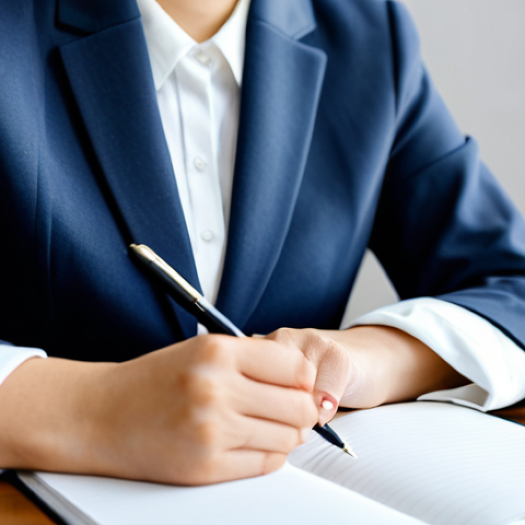 A focused individual, fully clothed in a modest, professional blazer and a neat blouse, sits comfortably at a clean wooden desk. One hand holds a pen poised over a pristine notebook, initially hesitant, then starting to fill the page with confident strokes. A small, simple plant sits on the corner of the desk, symbolizing growth. The background is a softly blurred, well-lit home office or study. Perfect anatomy, correct proportions, natural pose, well-formed hands, proper finger count, natural body proportions. Professional photography, high quality, soft natural lighting, detailed, clear focus. Safe for work, appropriate content, fully clothed, professional dress.