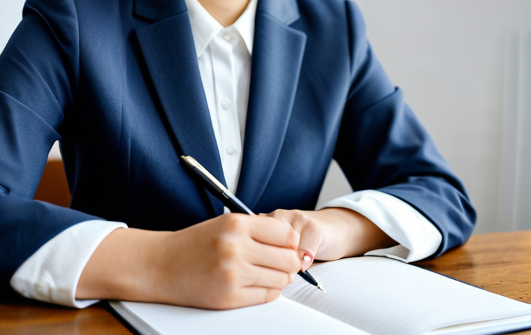 A focused individual, fully clothed in a modest, professional blazer and a neat blouse, sits comfortably at a clean wooden desk. One hand holds a pen poised over a pristine notebook, initially hesitant, then starting to fill the page with confident strokes. A small, simple plant sits on the corner of the desk, symbolizing growth. The background is a softly blurred, well-lit home office or study. Perfect anatomy, correct proportions, natural pose, well-formed hands, proper finger count, natural body proportions. Professional photography, high quality, soft natural lighting, detailed, clear focus. Safe for work, appropriate content, fully clothed, professional dress.