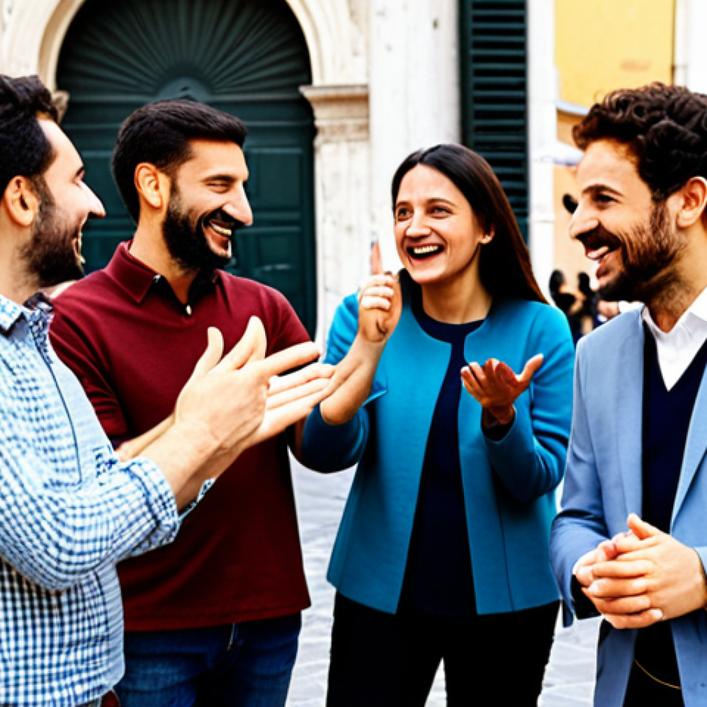 A group of diverse Italian individuals, fully clothed in modest, smart-casual attire, are engaged in a lively conversation outdoors in a charming Italian piazza. Their hands are expressively gesturing, conveying emotion and emphasis, with natural, well-formed hands and proper finger count. Their faces are animated with smiles and genuine engagement, showcasing the passion of Italian communication. The background features classic Italian architecture under natural daylight. This is a professional photograph, high quality, with correct proportions and a natural pose, safe for work, appropriate content, and family-friendly.