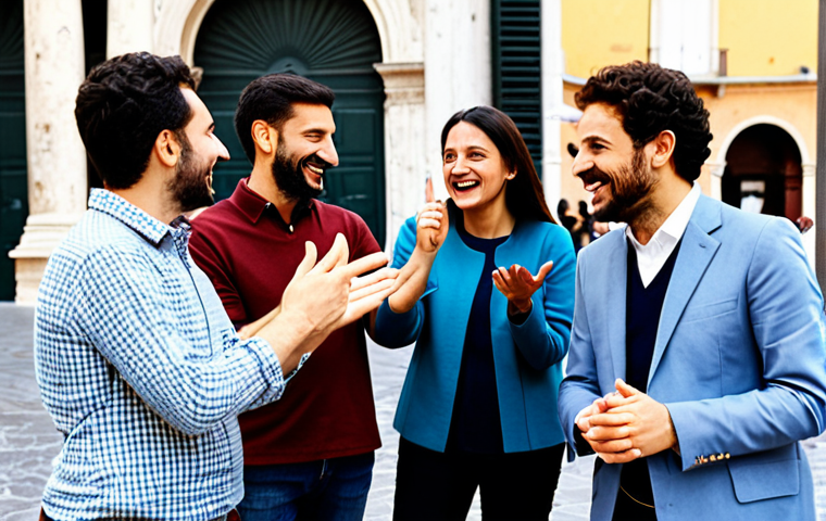 A group of diverse Italian individuals, fully clothed in modest, smart-casual attire, are engaged in a lively conversation outdoors in a charming Italian piazza. Their hands are expressively gesturing, conveying emotion and emphasis, with natural, well-formed hands and proper finger count. Their faces are animated with smiles and genuine engagement, showcasing the passion of Italian communication. The background features classic Italian architecture under natural daylight. This is a professional photograph, high quality, with correct proportions and a natural pose, safe for work, appropriate content, and family-friendly.