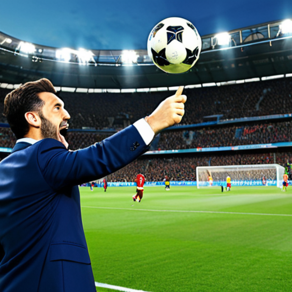**
A lively soccer stadium filled with cheering fans, a soccer ball in mid-air, and a dynamic Italian sports commentator enthusiastically calling the game into a microphone, fully clothed, appropriate attire, safe for work, perfect anatomy, natural proportions, professional photography, high quality, family-friendly.
**