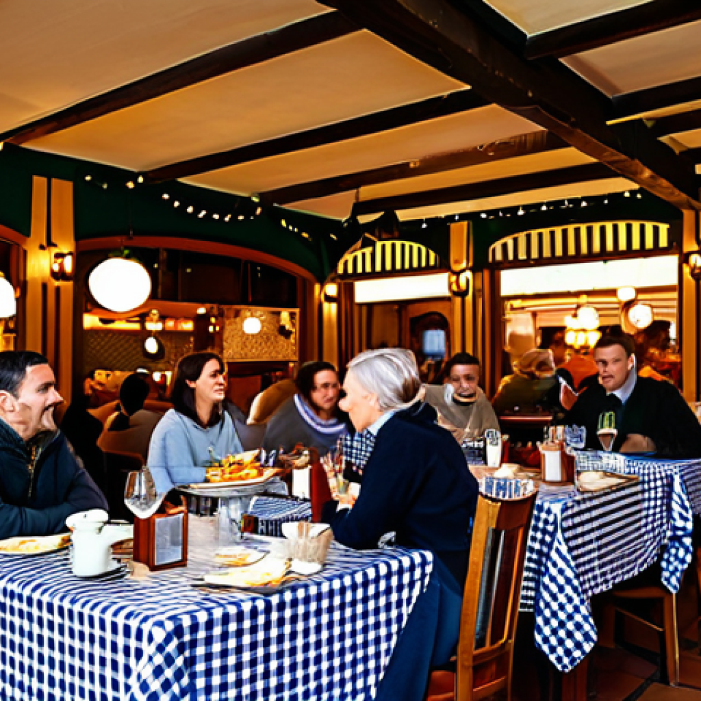 Italian Restaurant Ambience**
"A bustling Italian trattoria, warmly lit with string lights, checkered tablecloths, fully clothed patrons enjoying their meals, appropriate attire, safe for work, perfect anatomy, natural proportions, professional photography, high quality, family-friendly atmosphere, focus on the lively environment and delicious-looking food on the tables."
**