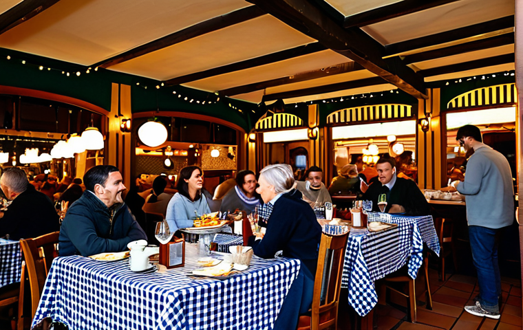 Italian Restaurant Ambience**
"A bustling Italian trattoria, warmly lit with string lights, checkered tablecloths, fully clothed patrons enjoying their meals, appropriate attire, safe for work, perfect anatomy, natural proportions, professional photography, high quality, family-friendly atmosphere, focus on the lively environment and delicious-looking food on the tables."
**