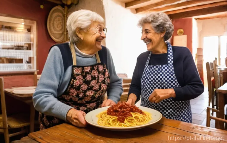 이탈리아어 요리 관련 표현 - **Prompt:** A heartwarming scene inside an authentic, rustic Italian trattoria. An elderly Italian n...