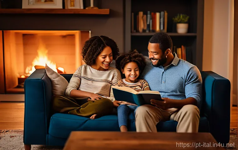 이탈리아어 관사 종류 및 용법 - **Cozy Family Story Time**: A heartwarming, photorealistic image of a multiracial family &ndash; a father,...