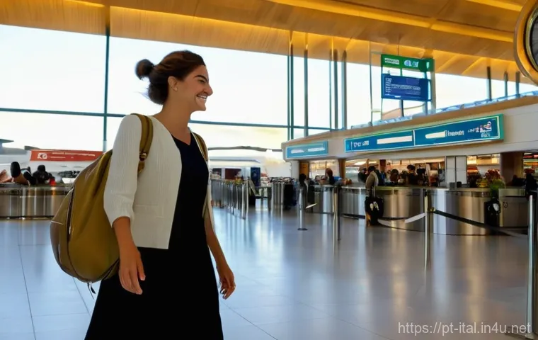 이탈리아어 공항 및 여행 회화 - **Italian Airport Welcome**
    A solo female traveler, in her late 20s, with a stylish yet comforta...