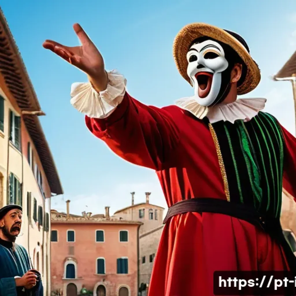 이탈리아어 연극 및 대본 분석 - **Prompt:** A lively and colorful outdoor scene depicting a Commedia dell'arte performance on a cobb...