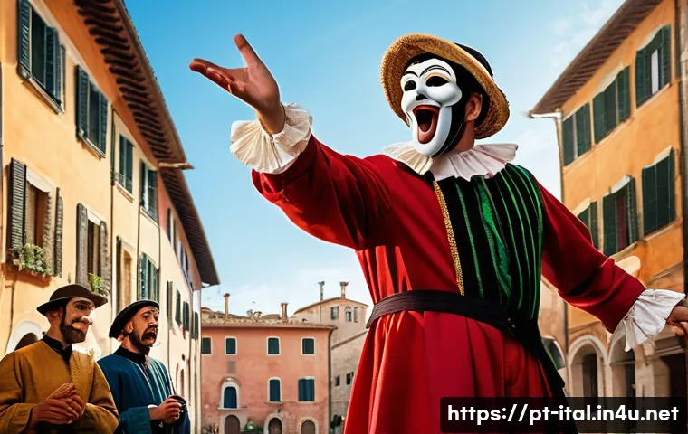 이탈리아어 연극 및 대본 분석 - **Prompt:** A lively and colorful outdoor scene depicting a Commedia dell'arte performance on a cobb...