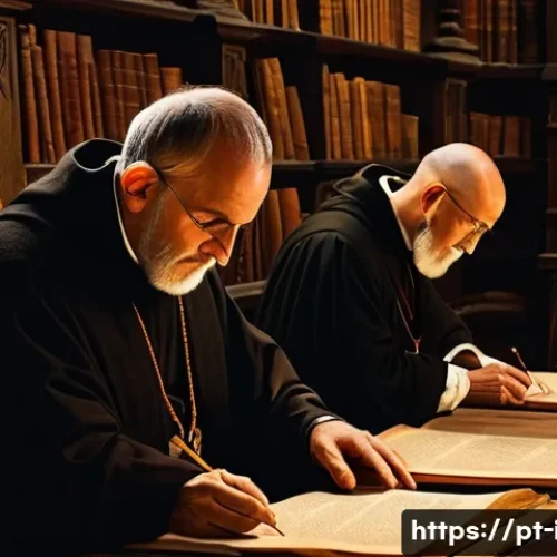 Home 33 이탈리아어 철자법과 변천 과정 - A detailed medieval scriptorium scene showing Italian monks and scribes meticulously copying manuscr...