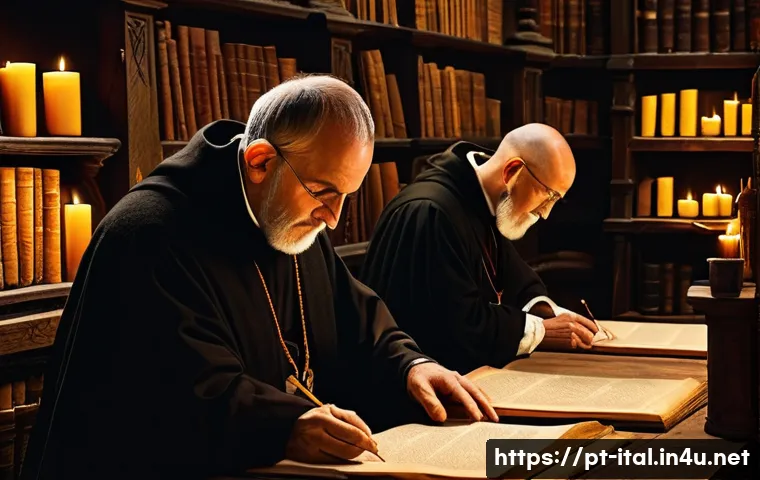 이탈리아어 철자법과 변천 과정 - A detailed medieval scriptorium scene showing Italian monks and scribes meticulously copying manuscr...