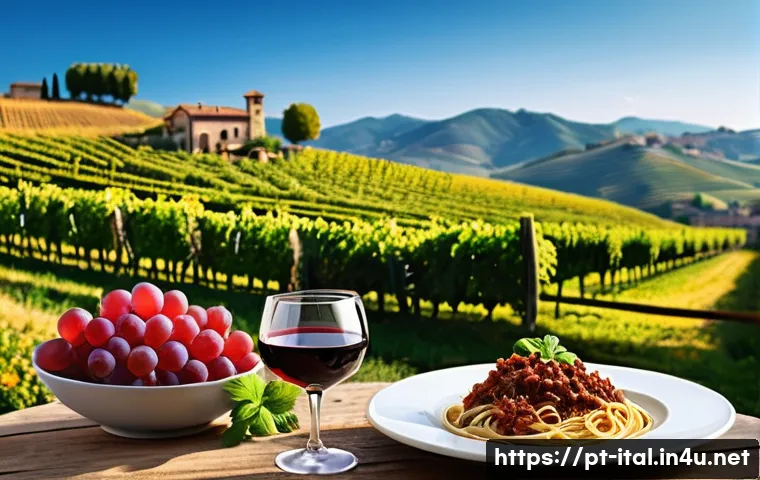 이탈리아어로 와인 및 음식 설명 - A rustic Italian vineyard landscape in the northern region of Italy during autumn, featuring rows of...