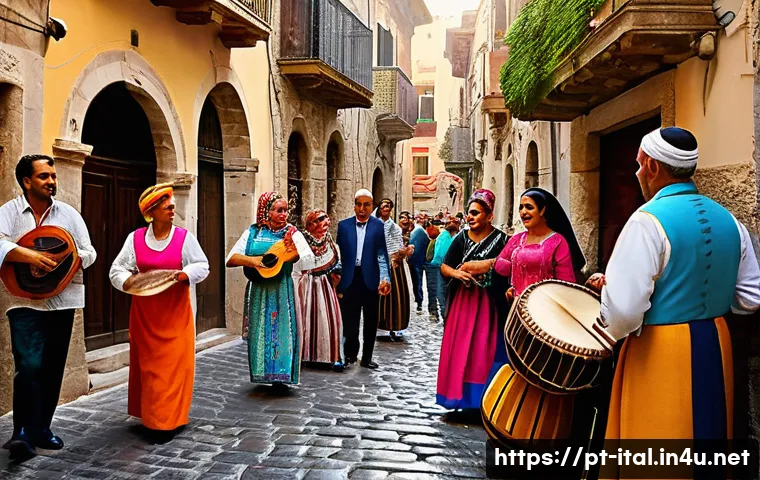 이탈리아어 표준어와 사투리 - A lively Sicilian village street scene during a traditional festival, with locals wearing colorful t...