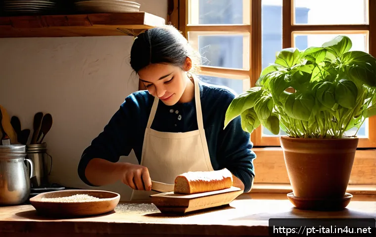 이탈리아어 스피킹 연습법 - A cozy Italian kitchen scene in the morning with a young adult wearing casual clothes and an apron, ...
