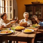 Home 23 이탈리아어 유머와 농담 표현 - A lively Italian family gathering in a warm, rustic dining room, featuring diverse characters like a...