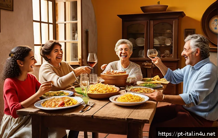이탈리아어 유머와 농담 표현 - A lively Italian family gathering in a warm, rustic dining room, featuring diverse characters like a...