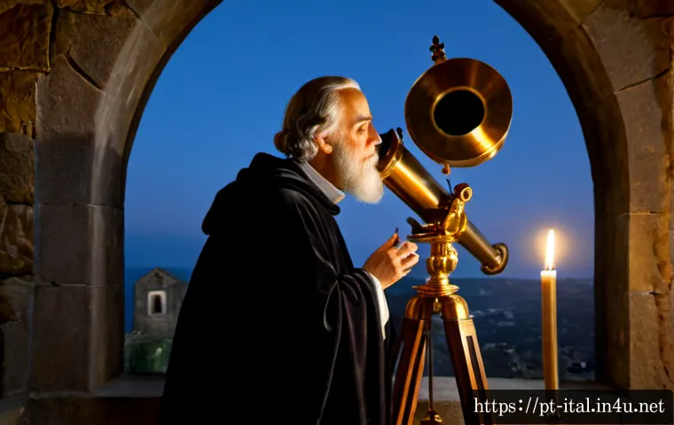 Home 17 이탈리아어 역사 속 유명 인물 - Photorealistic historical portrait of Galileo Galilei in a 17th-century Italian observatory, elderly...