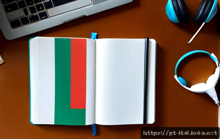 이탈리아어 학습 교재 추천 - Photorealistic overhead view of a tidy study desk for learning Italian, open illustrated language te...