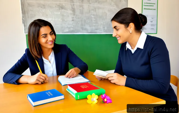이탈리아어와 성별에 따른 언어 차이 - Photorealistic educational scene in a bright Lisbon language classroom, a Portuguese-speaking adult ...